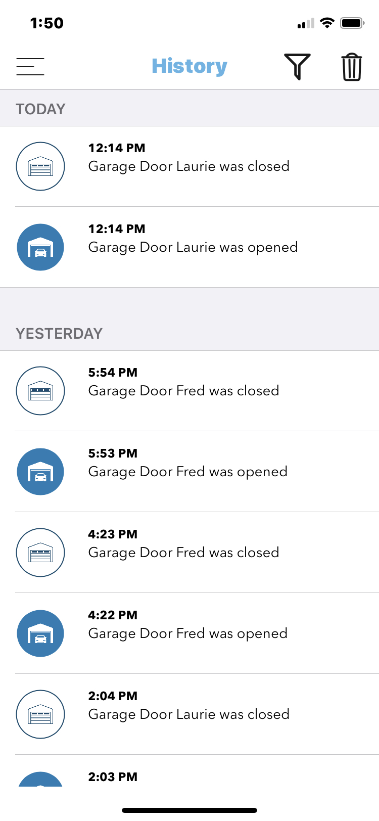 MyQ Activity History. An audit trail of when the door was opened and closed.